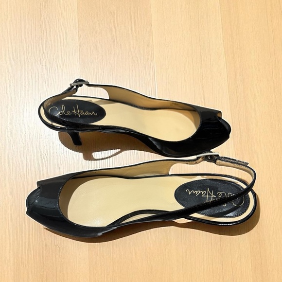 Cole Haun Glossy Black Slingback Heels with Peep Toe Size 8.5 B Patent Luxury - Picture 7 of 10